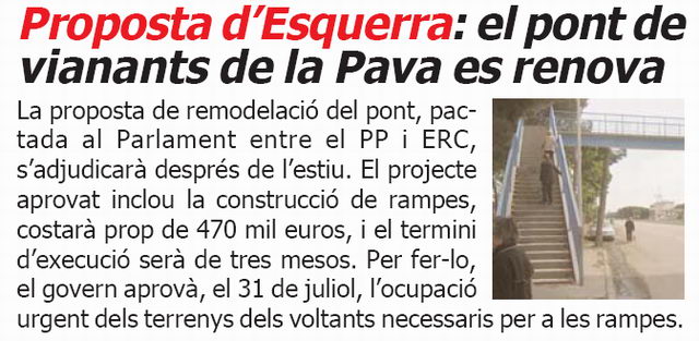 Notícia publicada al número 48 de la publicació L'ERAMPRUNYÀ sobre l'adjudicació de les obres de reforma del pont de la pava de Gavà Mar
